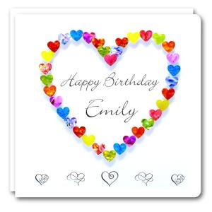 Personalised Birthday Card with Name - Handmade Colourful Love Heart Card for Her – Wife, Daughter