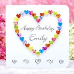 Personalised Birthday Card with Name - Handmade Colourful Love Heart Card for Her – Wife, Daughter