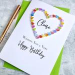 Personalised Birthday Card with Name - Handmade Colourful Love Heart Card for Her – Wife, Daughter