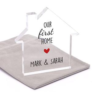 Our First Home Gifts For Couple, Personalised New Home Gift for Friends, 1st Home Keepsake, Moving In Housewarming Present, House Acrylic Block, With Grey Bag