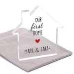 Our First Home Gifts For Couple, Personalised New Home Gift for Friends, 1st Home Keepsake, Moving In Housewarming Present, House Acrylic Block, With Grey Bag