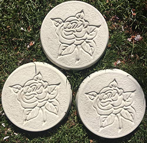 Garden Rose Stepping Stones – Pack of 6 Decorative Concrete Path Pavers (Frost-Proof, Weather-Resistant) – Hand-Cast White Rose Design by FunkyRustics