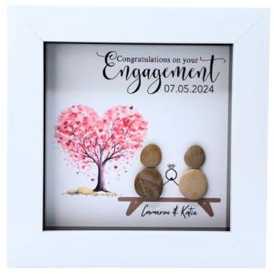 Personalised Engagement Pebble Art Picture - Handmade Engagement Gifts and Presents for Couples, Unique and Beautiful Keepsake Frame to Commemorate Your Fiances Special Day (Love Heart Tree)