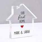 Our First Home Gifts For Couple, Personalised New Home Gift for Friends, 1st Home Keepsake, Moving In Housewarming Present, House Acrylic Block, With Grey Bag