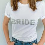 Pomchick - Bride T-Shirt with Sparkly Rhinestone Letters | Bridal Shower Engagement Gift for Her Women Woman | Bride to Be Shirt | Mrs Wedding Tee | Hen Party Bachelorette Parties (M, White)