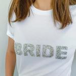 Pomchick - Bride T-Shirt with Sparkly Rhinestone Letters | Bridal Shower Engagement Gift for Her Women Woman | Bride to Be Shirt | Mrs Wedding Tee | Hen Party Bachelorette Parties (M, White)