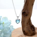 Heart Pendant Necklace for Women, Blue Aquamarine Crystal, Sterling Silver Chain, March Birthstone