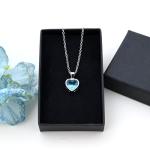 Heart Pendant Necklace for Women, Blue Aquamarine Crystal, Sterling Silver Chain, March Birthstone