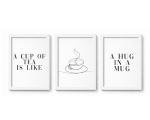 Set of 3 Tea Lover Prints, Tea Quote Wall Art Prints, Unframed Kitchen Artwork, Kitchen Home Décor - A5 A4 A3 Black And White Line Wall Art