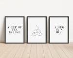 Set of 3 Tea Lover Prints, Tea Quote Wall Art Prints, Unframed Kitchen Artwork, Kitchen Home Décor - A5 A4 A3 Black And White Line Wall Art