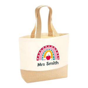 Chicken Craft Personalised Tote with Name & Jute Hessian Base, Rainbow or Floral Design, Gift for Teaching Assistants, TAs & Nursery Staff (Apple Design, Large)