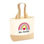 Chicken Craft Personalised Tote with Name & Jute Hessian Base, Rainbow or Floral Design, Gift for Teaching Assistants, TAs & Nursery Staff (Apple Design, Large)