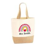 Chicken Craft Personalised Tote with Name & Jute Hessian Base, Rainbow or Floral Design, Gift for Teaching Assistants, TAs & Nursery Staff (Apple Design, Large)