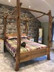 Natural Rustic Four-Poster King-Size Wooden Bed, Untreated Wood, Unique Branch Design