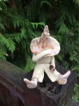 Fairy garden boy shy fairy figurine, pixie plant pot ornament, holding a ladybird, brown hat and boots.