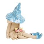 Shy fairy figurine, pixie plant pot ornament, hand made fairy garden pottery fairy, holding a butterfly, light blue.