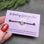 Vilda Jewellery ROSE QUARTZ Wish Bracelet, 'A Healing Wish', Stone Bead and Black Hemp on Printed Card, 12 inches long, Adjustable Unisex, Friendship Anklet, Gift for Women