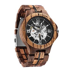 Mens Mechanical Wooden Watch – Open Heart Black Face, Walnut Zebrawood Strap, 40th 50th Birthday Gift, Retirement Present, Wedding Anniversary or Promotion Idea
