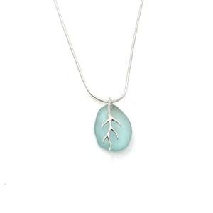 Seafoam Light Blue Cornish Seaglass Necklace With Silver Vein Shaped Bail, Handmade in Cornwall - Gift Boxed - A18