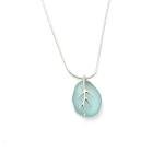 Seafoam Light Blue Cornish Seaglass Necklace With Silver Vein Shaped Bail, Handmade in Cornwall - Gift Boxed - A18