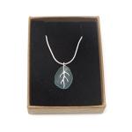 Seafoam Light Blue Cornish Seaglass Necklace With Silver Vein Shaped Bail, Handmade in Cornwall - Gift Boxed - A18