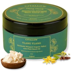 Beef Tallow Whipped Cream Moisturiser – Ylang Ylang Fragrant Oil, Jojoba Oil, Vitamin E, A, D, K | Face, Body, Cracked Heels | 100% Organic Grass Fed Tallow | Made in UK by (CJ TALLOW) Net Wt 60ml