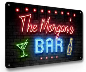 Personalised Home Bar Sign | 80s neon effect Metal Bar Sign | A4 Aluminium Wall Art