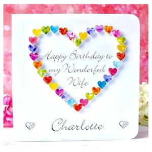 Personalised Birthday Card for Wife, Handmade Luxury Romantic Love Heart & Name, Colourful 3D