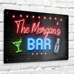 Personalised Home Bar Sign | 80s neon effect Metal Bar Sign | A4 Aluminium Wall Art