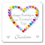Personalised Birthday Card for Wife, Handmade Luxury Romantic Love Heart & Name, Colourful 3D
