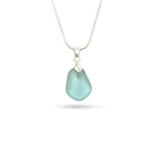 Seafoam Blue Cornish Seaglass Necklace with a 925 Sterling Bail and Snake Chain - Medium - Gift Boxed - A13