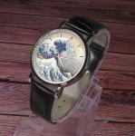 Great wave off Kanagawa painting design wristwatch - Black/Brown strap (Brown)