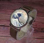 Great wave off Kanagawa painting design wristwatch - Black/Brown strap (Brown)