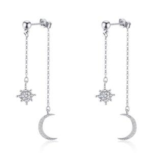 Weviway Sterling Silver Moon and Star Drop Earrings,14K Gold Plated, CZ Crystal Chain Dangle, Celestial Wedding Jewellery