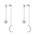Weviway Sterling Silver Moon and Star Drop Earrings,14K Gold Plated, CZ Crystal Chain Dangle, Celestial Wedding Jewellery