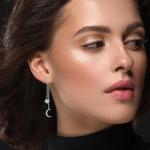 Weviway Sterling Silver Moon and Star Drop Earrings,14K Gold Plated, CZ Crystal Chain Dangle, Celestial Wedding Jewellery