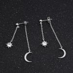 Weviway Sterling Silver Moon and Star Drop Earrings,14K Gold Plated, CZ Crystal Chain Dangle, Celestial Wedding Jewellery