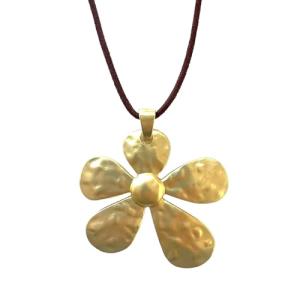 Long Flower Pendant Necklace for Women – Adjustable Boho Necklace with Brown Suede Cord – Large Floral Pendant Jewellery Gift – ASTER ALHELÍ (Golden)