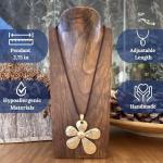 Long Flower Pendant Necklace for Women – Adjustable Boho Necklace with Brown Suede Cord – Large Floral Pendant Jewellery Gift – ASTER ALHELÍ (Golden)