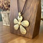 Long Flower Pendant Necklace for Women – Adjustable Boho Necklace with Brown Suede Cord – Large Floral Pendant Jewellery Gift – ASTER ALHELÍ (Golden)