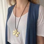 Long Flower Pendant Necklace for Women – Adjustable Boho Necklace with Brown Suede Cord – Large Floral Pendant Jewellery Gift – ASTER ALHELÍ (Golden)