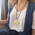 Long Flower Pendant Necklace for Women – Adjustable Boho Necklace with Brown Suede Cord – Large Floral Pendant Jewellery Gift – ASTER ALHELÍ (Golden)