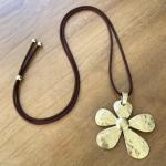 Long Flower Pendant Necklace for Women – Adjustable Boho Necklace with Brown Suede Cord – Large Floral Pendant Jewellery Gift – ASTER ALHELÍ (Golden)