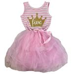 Girls 5th Birthday Pink Princess Tutu Dress with Bow, Gold Glitter Five Crown Sleeveless Summer Dress (5-6 Years)