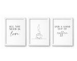 Set of 3 Coffee Lover Prints, Coffee Quote Wall Art Prints, Unframed Kitchen Artwork, Kitchen Home Décor - A5 A4 A3 Black And White Line Wall Art