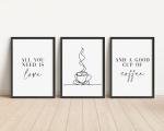 Set of 3 Coffee Lover Prints, Coffee Quote Wall Art Prints, Unframed Kitchen Artwork, Kitchen Home Décor - A5 A4 A3 Black And White Line Wall Art