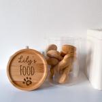 Personalised dog treats glass jar with wooden engraved lid/Dog's snacks or treats/Christmas gift for pet/Dog or cat treat jar storage