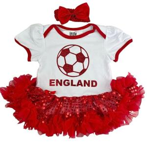Baby Girls England Football Red Sequin Tutu Romper with Headband, Newborn Baby Football Kit (Premature)