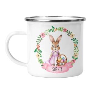Personalised Pink Easter Bunny Enamel Mug with Name - Custom Girls Easter Cup - Cute Kids Hot Chocolate Mug - Easter Gift for Girls - Egg Hunt Keepsake - Bunny Mug for Children (Enamel, Pink)