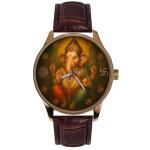 Hinduism Lord Ganesha, The Elephant God, Ganesh Yantra Om Saffron Artwork Solid Brass Hindu Devotional Watch